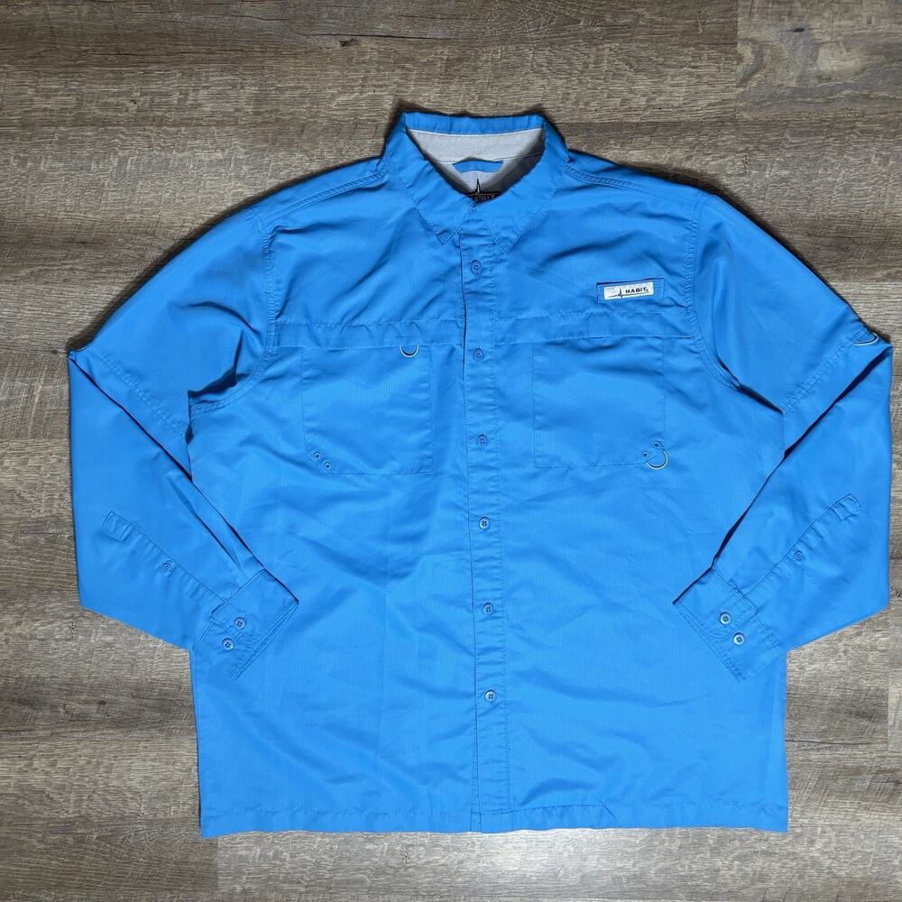 HABIT Solar-Factor Fishing Shirt Mens XL Blue UPF 40+ Vented Long Sleeve Utility